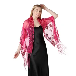 Elegant sequin embroidered mesh shawl with tassels, perfect for evening parties and weddings.