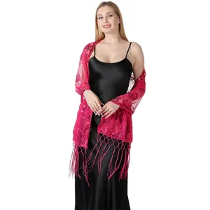 Pink sequined embroidered mesh shawl with elegant tassels for evening party and wedding events.