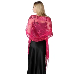 Elegant pink sequin embroidered mesh shawl evening party wrap scarf for women accessories