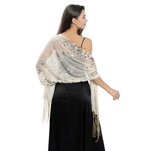 Sequin embroidered sheer wrap shawl for evening party wedding bridal dress detail view.