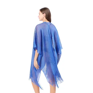 Metallic fringe beach cover-up shawl, sparkling blue resort vacation bikini cardigan.