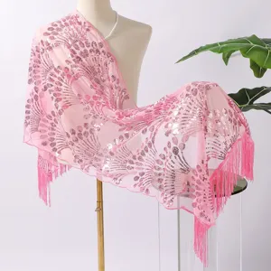 Pink sequin tassel shawl detail, elegant evening dress accessory with intricate embroidery.