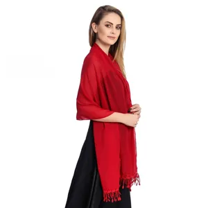 Detailed view of elegant red chiffon shawl featuring delicate lace fringe design for women.
