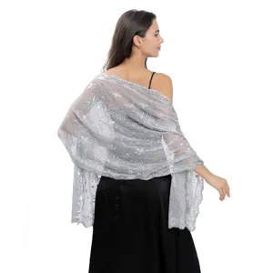 Zilveren ster en maan geborduurde tule omslagdoek, elegante avondjurk sjaal voor dames feest.