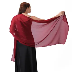 Elegant sheer red chiffon evening shawl with metallic silver threads and subtle rhinestones.