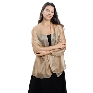 Sheer gold organza evening wrap shawl, lightweight shimmering bridal party accessory.