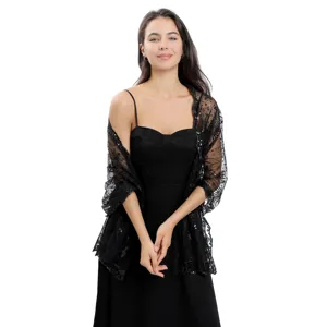 Elegante zwarte kanten sjaal met pailletten voor avondjurk, bruiloft en feestelijke kleding.