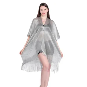 Metallic silver fringe beach cardigan resort wear sheer shimmer shawl cover up for women
