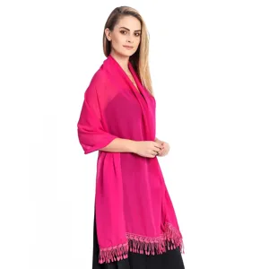 Chiffon shawl detail showing vibrant pink color and delicate tassel hem design for women.