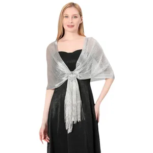 Metallic silver shiny evening party shawl wrap with buckle and fringe for women main image
