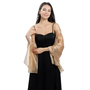 Gold sheer organza evening shawl for women, elegant bridal wrap for wedding party dress.