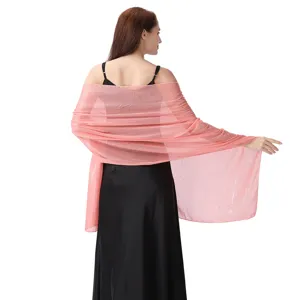 Shimmering pink chiffon evening shawl detail showcasing silver wire and hot drill sparkle design.