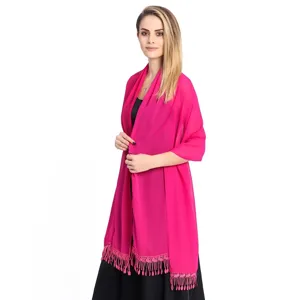 Vibrant pink chiffon shawl with delicate tassel lace trim, elegant draped design for women.