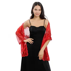 Magnifique châle brodé en dentelle de sequins rouges idéal pour soirées et mariages.