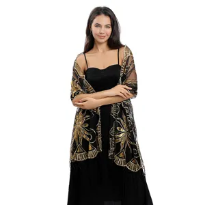 Châle de soirée transparent noir brodé de sequins vintage des années 1920 avec détails dorés.