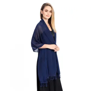 Detailed view of dark blue chiffon shawl with elegant lace fringe hem, lightweight.