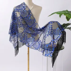 Elegant blue sequin embroidered mesh shawl with black fringe for evening party dresses.