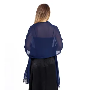 Navy blue chiffon shawl detail, elegant sheer wrap with beaded tassel trim for women.