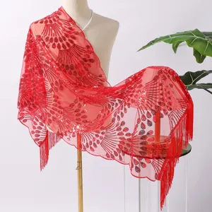 Stunning red sequin tassel shawl for evening party, vintage Gatsby wedding bridal wrap.