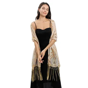 Châle long et vintage brodé de sequins transparent avec franges élégantes femmes.
