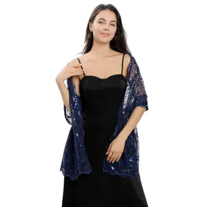 Elegante donkerblauwe sjaal met pailletten, perfect voor avondjurken, feestjes en bruiloften.
