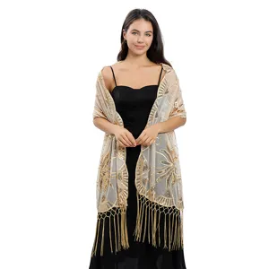 Châle transparent brodé de sequins élégant avec franges pour robe de soirée de mariage femme.