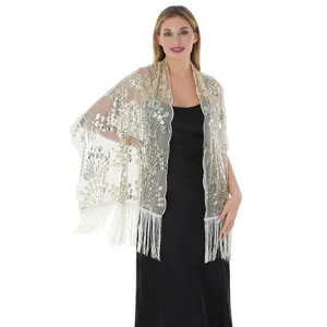 Exquisite sequin embroidered tassel shawl detail, perfect for evening parties and events.