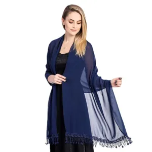 Elegant dark blue chiffon shawl for women featuring delicate lace fringe, ideal for formal wear.