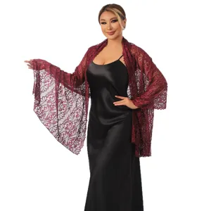 Burgundy lace shawl for women, elegant evening dress cape and hollow out wedding party wrap.