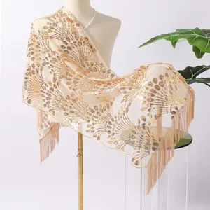 Elegant sequin tassel shawl for women evening party dress cape vintage peacock design wrap.