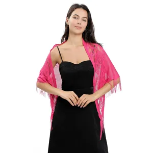 Châle triangulaire en dentelle rose avec franges pour femmes, idéal pour soirées et mariages.