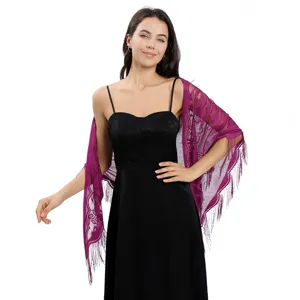 Châle élégant en dentelle violette à franges pour femmes, idéal pour mariage et robe de soirée.