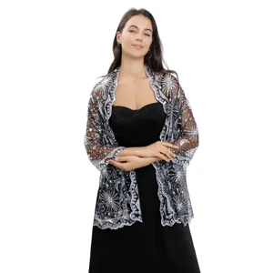 Zwarte pailletten ster maan geborduurde avond shawl wrap voor vrouwen feest jurk detail