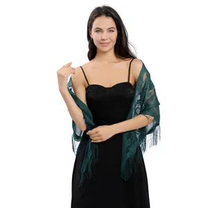 Femme châle franges dentelle vert foncé écharpe triangulaire élégante fête mariage soirée