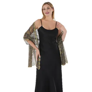 Elegant black slip dress with gold sequin embroidered evening shawl for party prom.