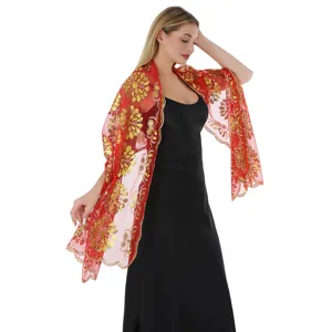 Red sequin embroidered mesh shawl elegant evening dress cape for women banquet party wear