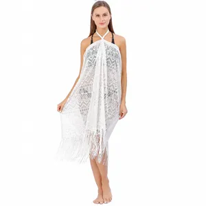 White lace beach cover up wrap dress for women summer swimwear vacation holiday bikini outfit.