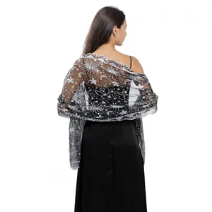 Elegante zwarte Pailletten Ster Maan Geborduurde Doorschijnende Sjaal Avondjurk Wrap
