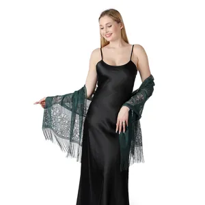 Dark green floral lace fringe shawl wrap for evening dress wedding bridal party elegant style