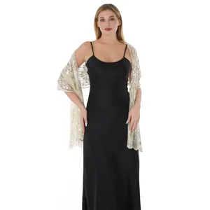Sequin embroidered shawl for women elegant evening party wrap sheer mesh floral cape