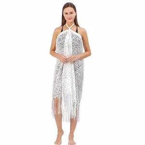 White lace beach cover up sexy halter bikini wrap dress for women summer holiday resort.