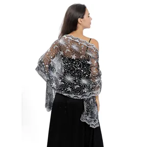 Dames Elegante Avondjurk Sjaal Ster Maan Pailletten Geborduurd Mesh Wrap Bruiloft Feest Cape