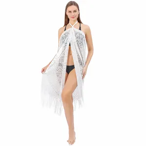 White lace beach cover up sexy halter bikini wrap sarong vacation resort wear dress for women