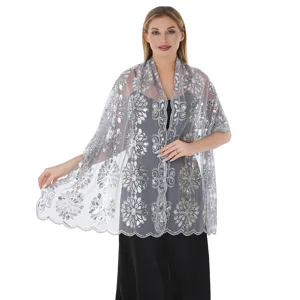 Elegant grey sequin embroidered mesh evening shawl for women, perfect for party wear.
