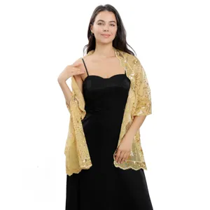Elegante gouden pailletten geborduurde transparante avond feestjurk omslagdoek