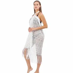 White lace beach cover up dress fringe halter summer bikini swimwear coverup for women