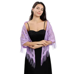Élégant châle à franges en dentelle lavande pour robes de soirée, mariages et banquets formels.