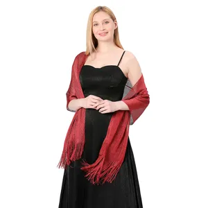 Metallic shimmer shawl with tassel edge, elegant evening party and wedding dress wrap accessory.