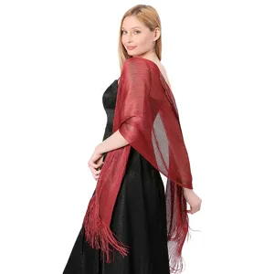Metallic tassel evening shawl, shimmering party wrap for women, elegant red wedding scarf.