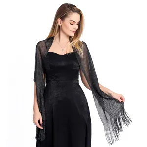 Metallic fringe shawl detail view showing sparkly gold and silver threads and elegant drape.